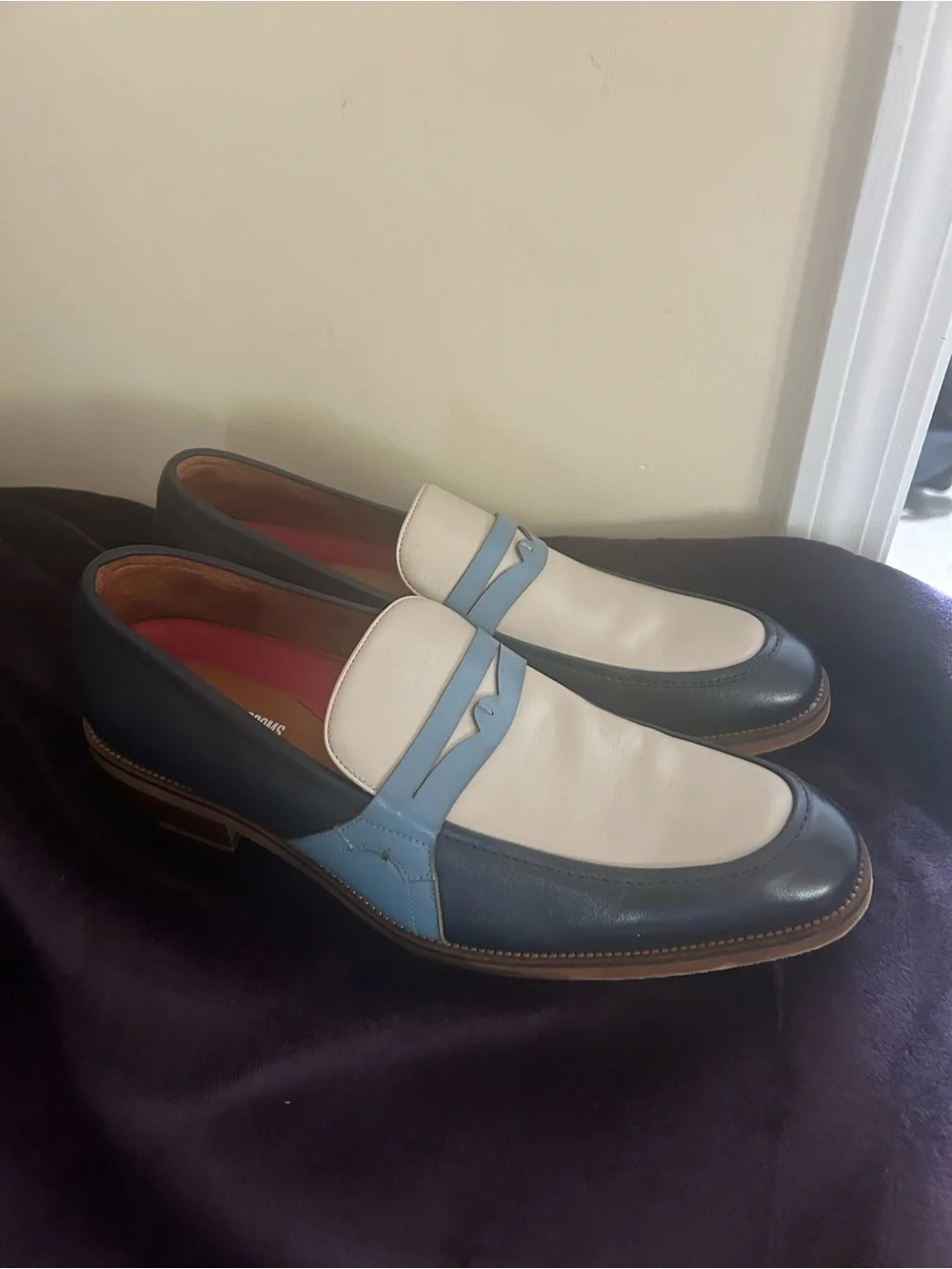 Two-Tone Navy, Cream & Light Blue Leather Penny Loafers “Worn Once”